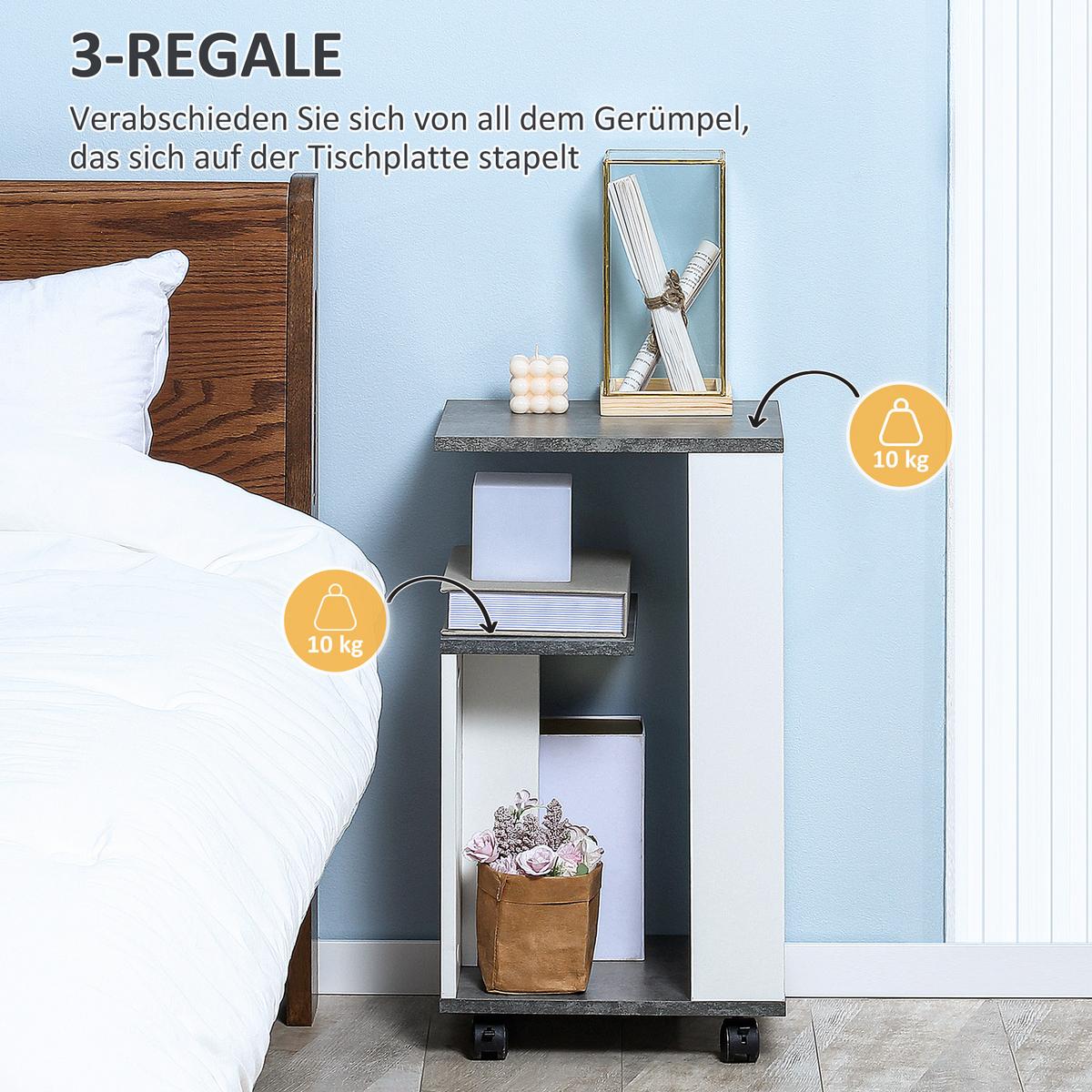 NACHTTISCH mit 360°-Rollen in modernem Design 3 Regale bis 10 kg Weiß - Weiß/Grau, Metall (29.5/65.5/35cm) - HOMCOM