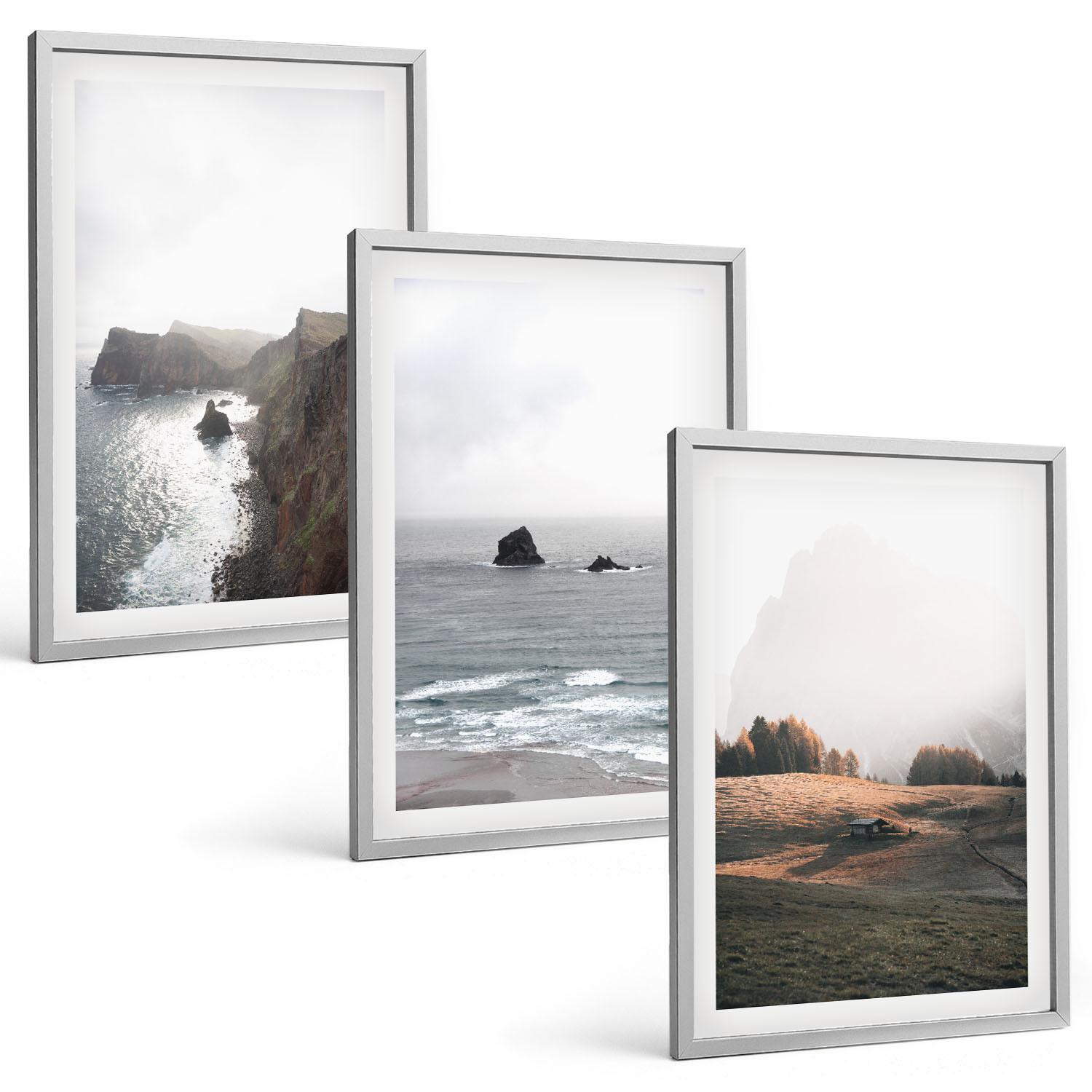 BILDER SET 3er Set - 40x60 cm Silberner Rahmen - Landschaften aus Bergen und Meer - Silberfarben, Kunststoff (40/60cm) - TULUP
