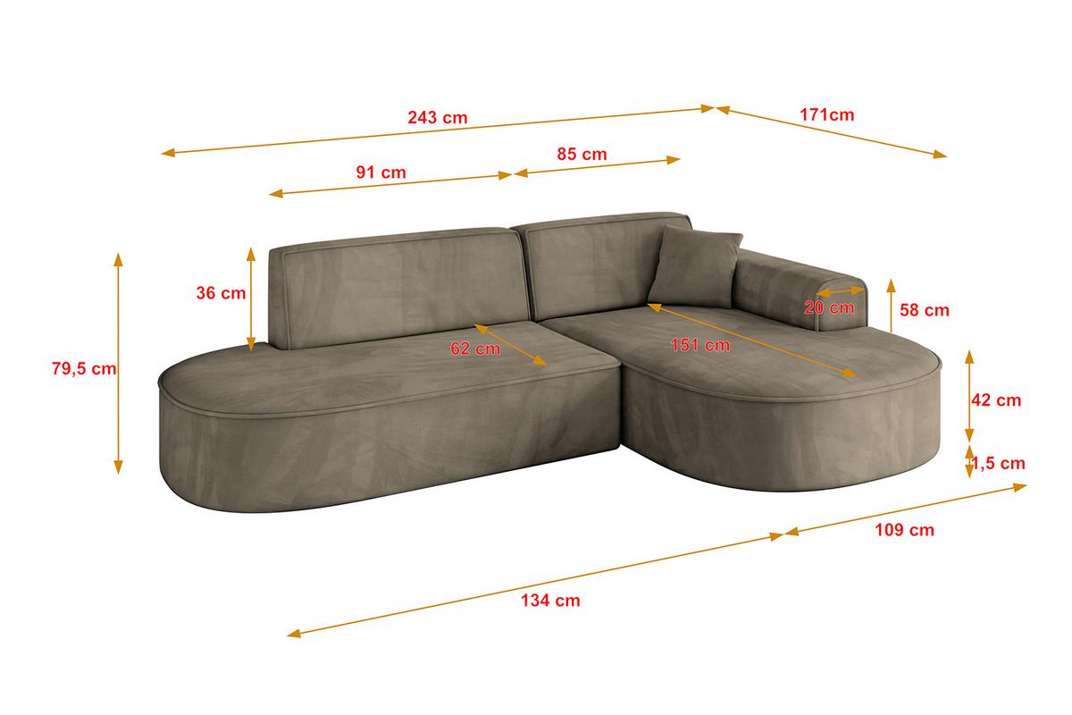 ECKSOFA Ottomane Rechts MARI-L1 - 243x171x79 cm Dunkelbraun Velours - Dunkelbraun/Schwarz, Holzwerkstoff/Kunststoff (171/243cm) - ALTDECOR