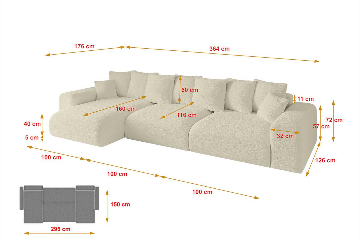 ECKSOFA Ottomane links ESKAR-L2 364x176x72 Creme Bouclé - Creme/Haselnussfarben, Holzwerkstoff/Kunststoff (364/176cm) - ALTDECOR
