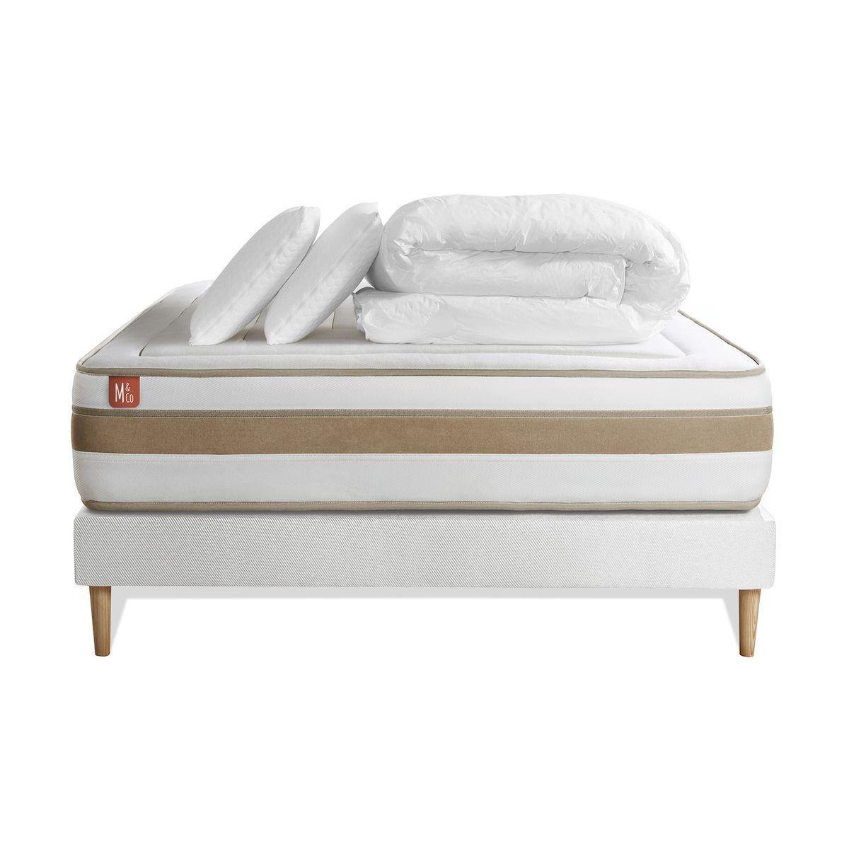 BETT Le Raffiné Taschenfederkern und Memory-Schaum 180 x 200 cm h1 - Kit Bettgestell Weiß - Mit Kissen und Bettdecke - Beige/Weiß, Karton/Holz (180/200cm) - Marmottes & Co