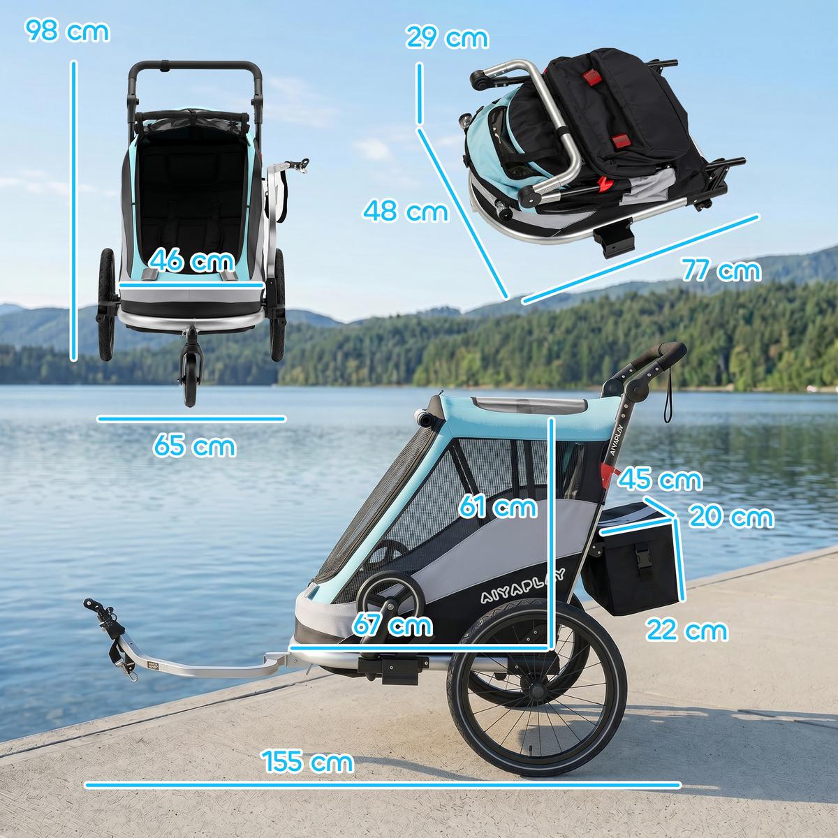 KINDER-FAHRRADANHÄNGER Stahl Aluminium Hellblau - Hellblau, Metall (65/98/155cm) - AIYAPLAY