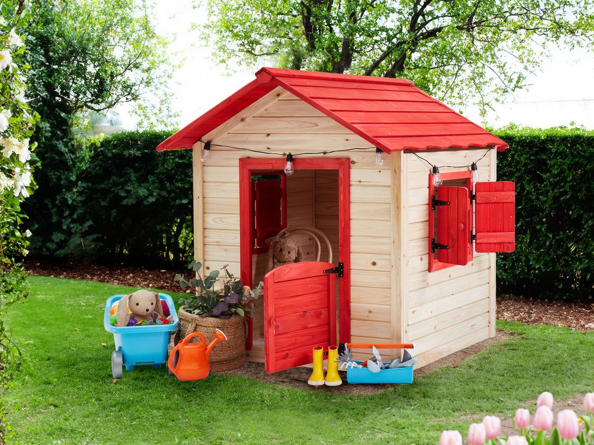 GARTENSPIELHAUS Heller Holzfarbton Pelopio - Hellbraun/Rot, Holz (138/131/111cm) - Beliani