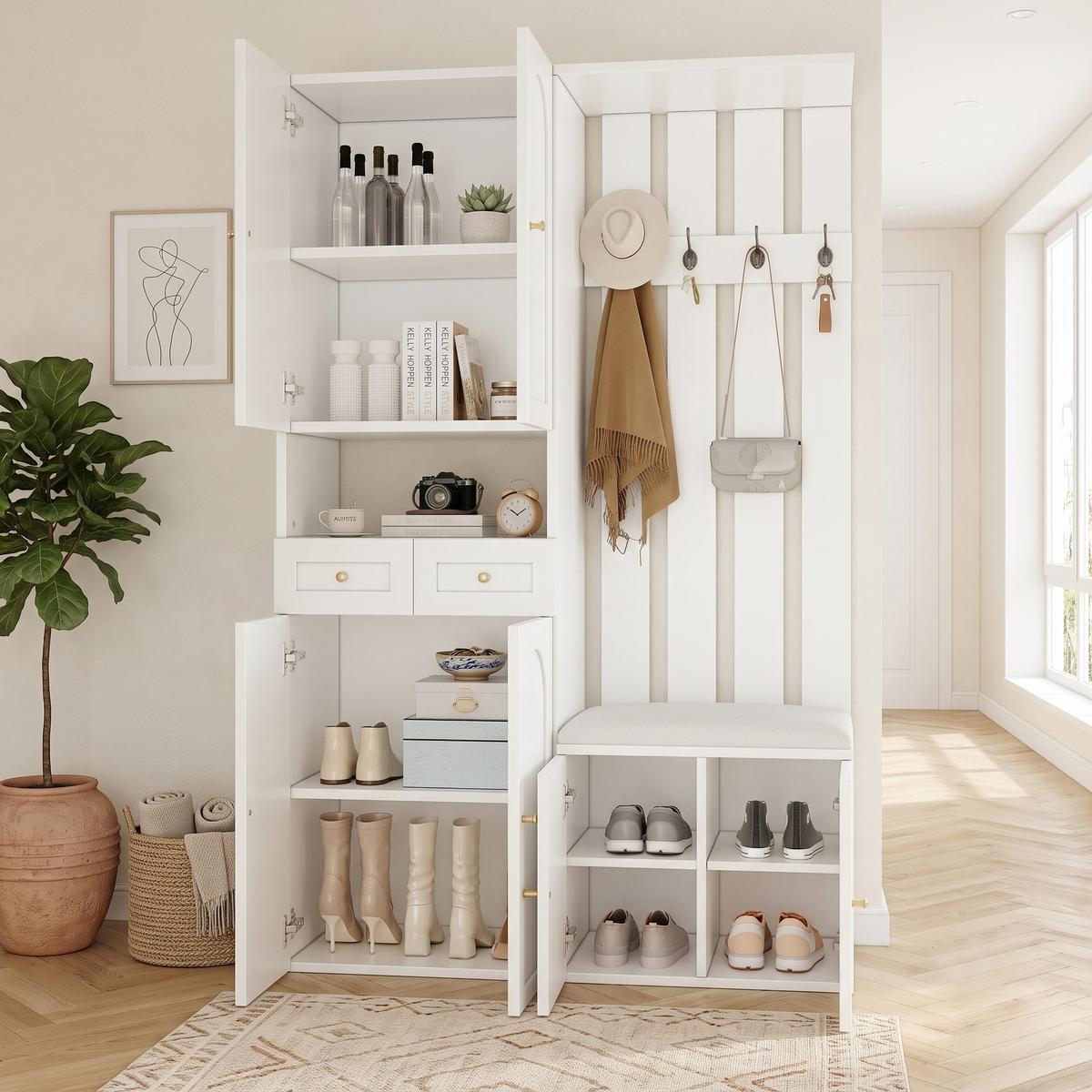 KLEIDERSCHRANK Wandgarderobe mit Schuhbank, 4 Haken, 6 Türen, 2 Schubladen, Weiß - Weiß, Holzwerkstoff (110/180/37cm) - Urban Meuble