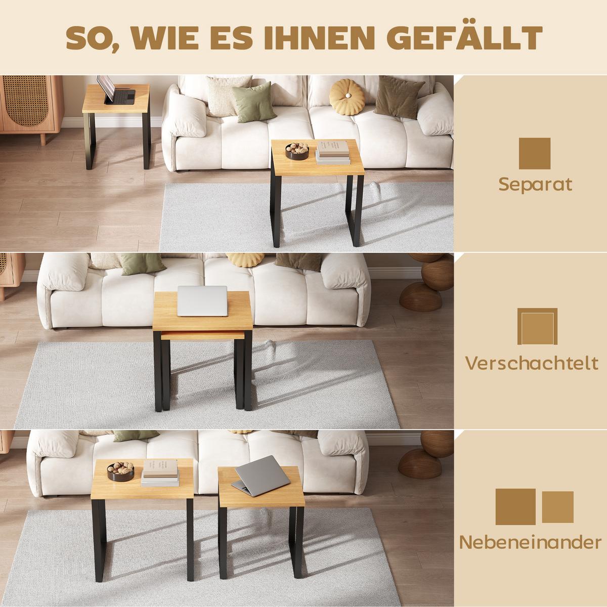 COUCHTISCH 2er Set Spanplatte Metall Naturholz - Schwarz/Naturfarben, Holzwerkstoff/Metall (60/50/60cm) - HOMCOM