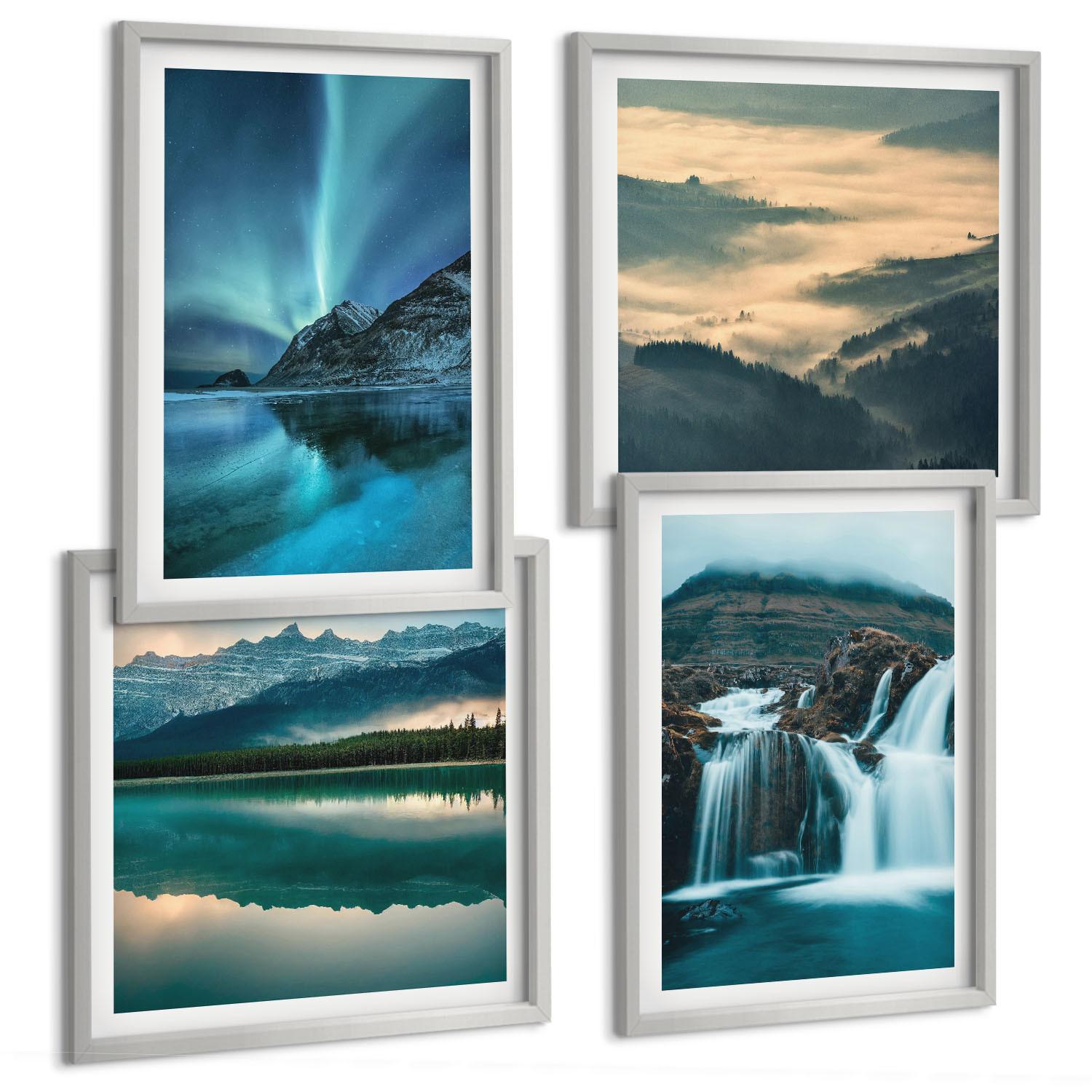 BILDER SET 4er Set - 50x50 cm & 40x60 cm Silberner Rahmen - Winterlandschaften, Wasserfälle, Nordlichter - Silberfarben, Kunststoff (50/50cm) - TULUP
