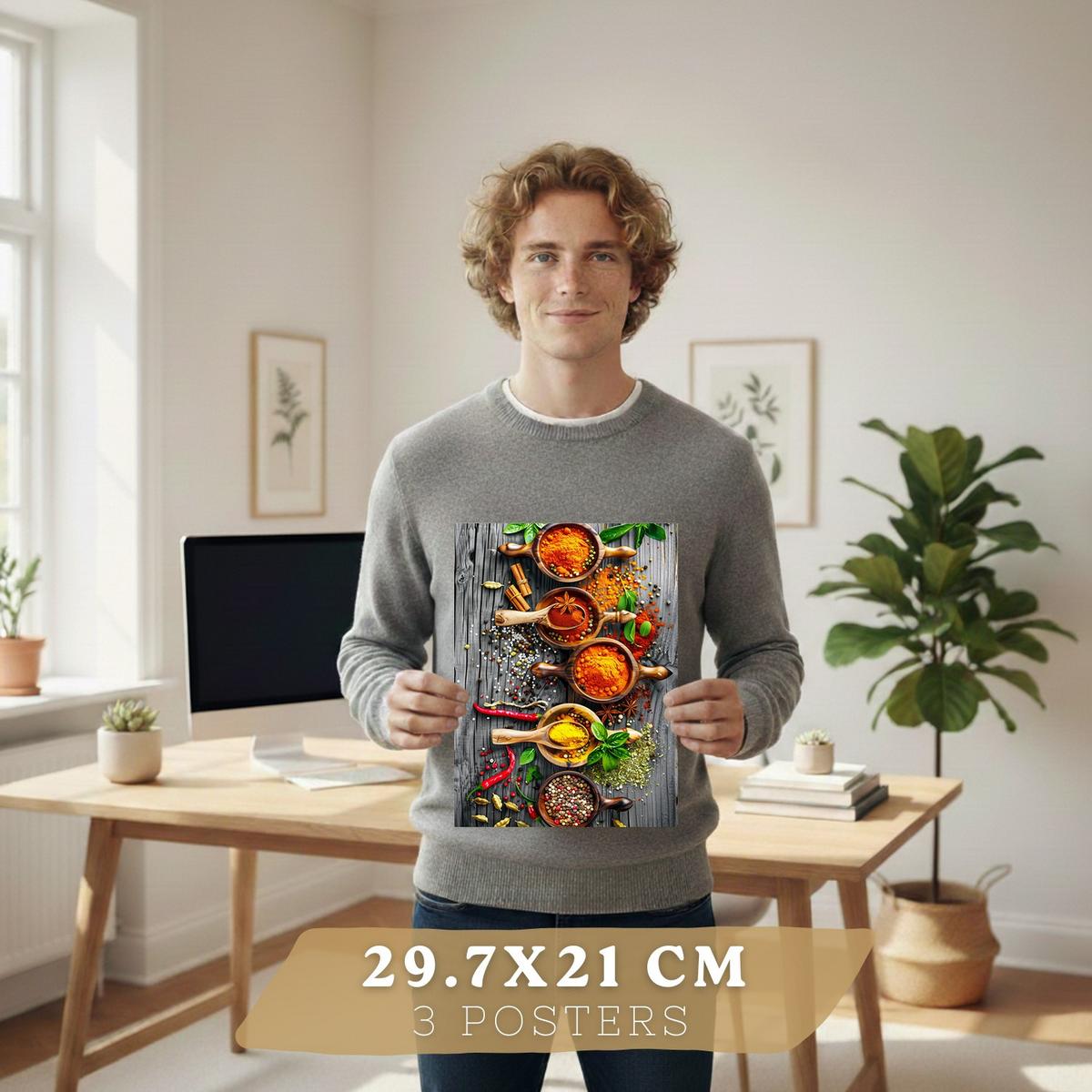 POSTER 3er Set Gewürze und Kräuter Wandbilder Aromatische Zutaten Food Fotografie Küche Esszimmer Deko Schwarzer Rahmen A4 - Schwarz, Papier (29.7/1/21cm) - Nacnic