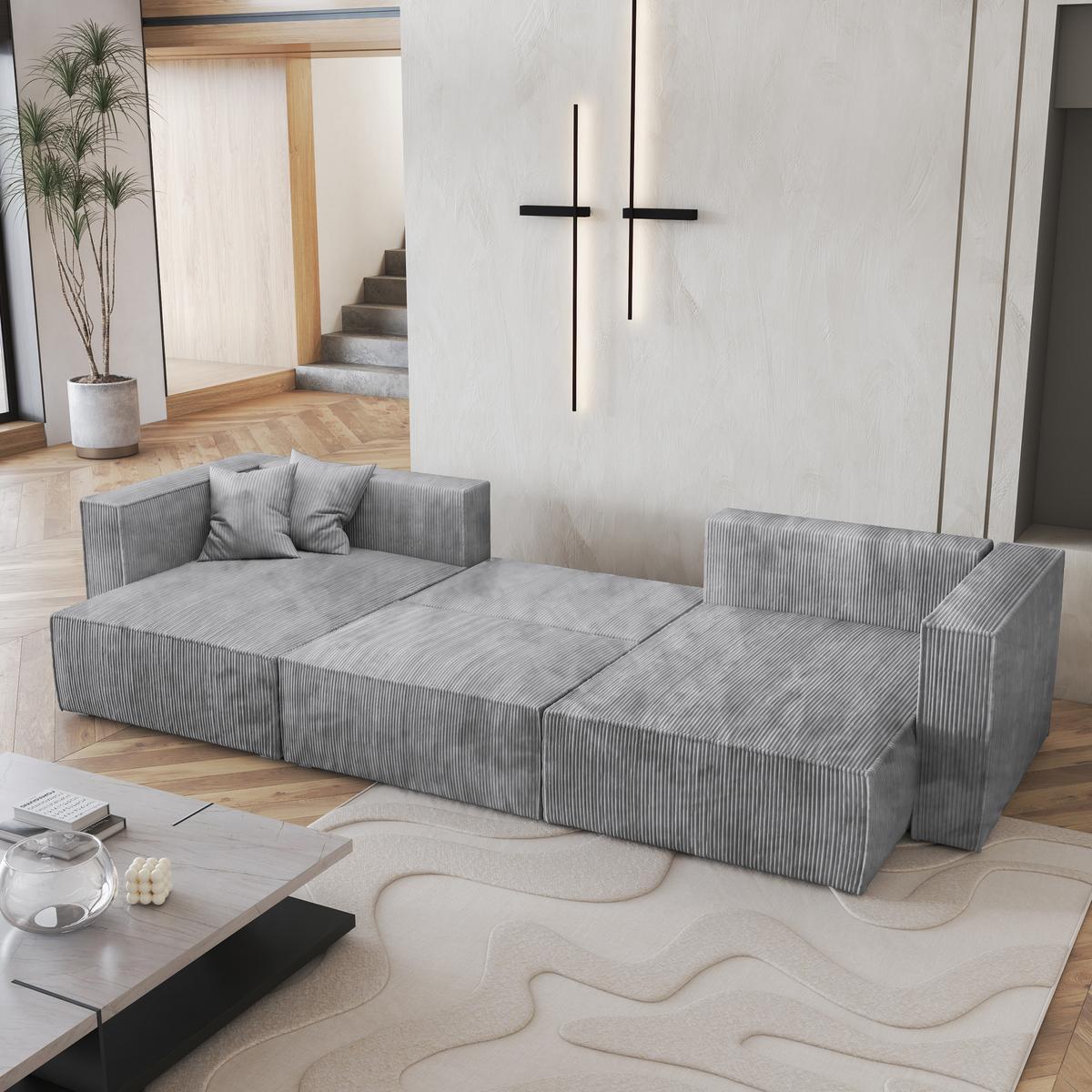 WOHNLANDSCHAFT SARMO P Hellgrau Kordstoff mit Schlaffunktion - Hellgrau/Grau, Holz/Kunststoff (347/70/148cm) - MASSENO