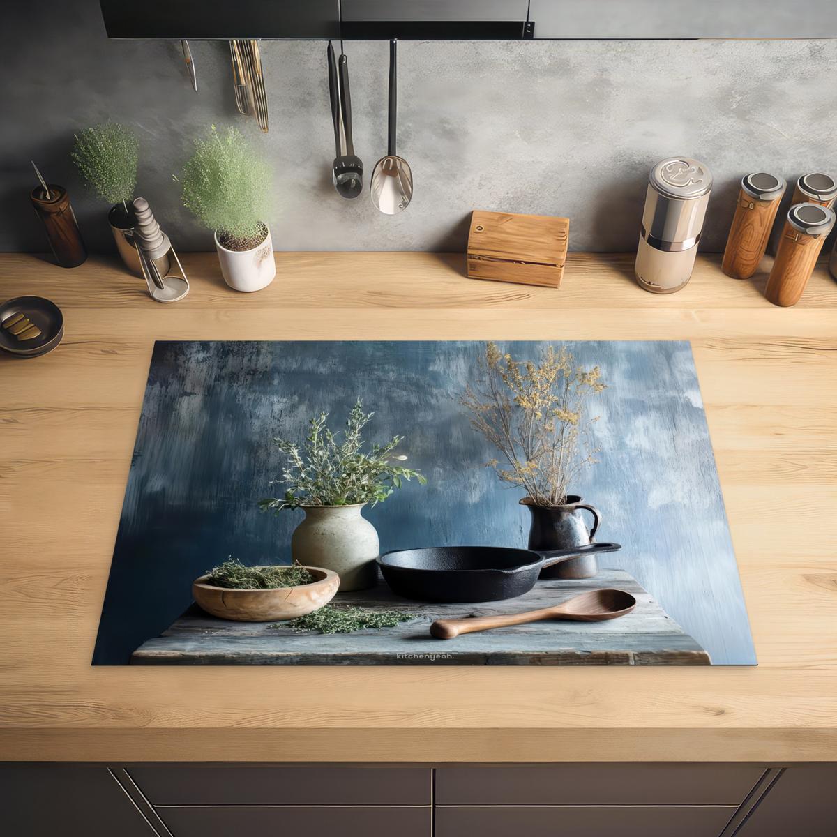 HERDABDECKPLATTE Stilleben - Kräuter - Rustikal Herdabdeckung Induktionsfeld 75x52 cm - Blaugrau, Kunststoff (75/52/0.2cm) - MuchoWow