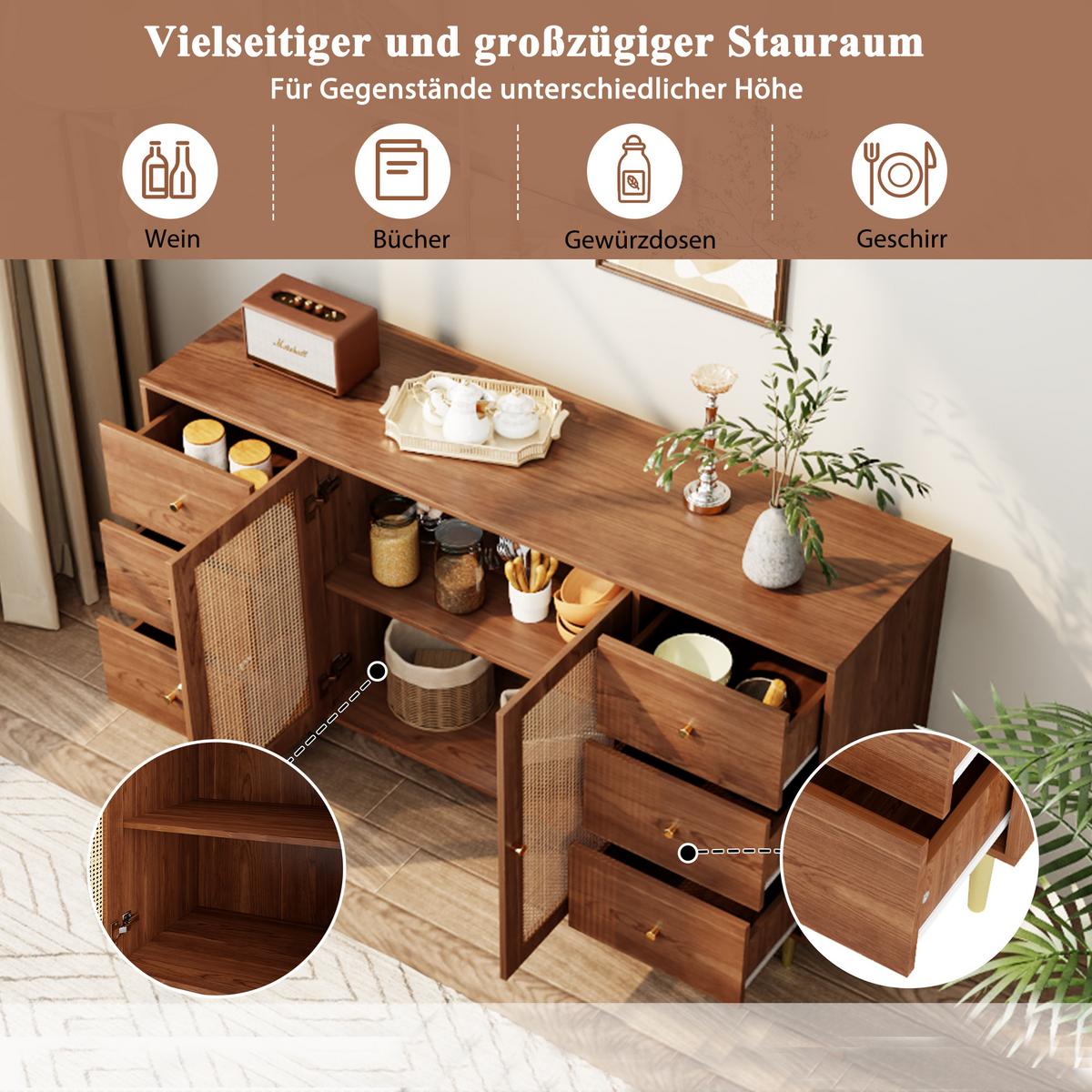 SIDEBOARD 160 cm Holzoptik & Rattan Kommode mit 6 Schubladen und 2 Türen - Eichefarben, Holzwerkstoff (160/90/40cm) - Urban Meuble