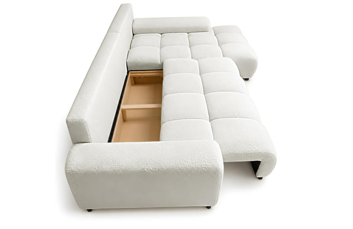 ECKSOFA Ovia mit Bettkasten und Schlaffunktion, Bouclé-Stoff in L-Form - Weiß, Textil (270/185cm)