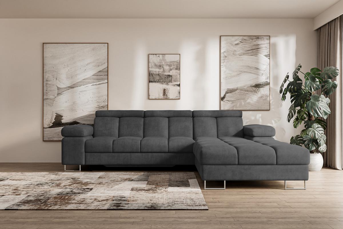 ECKSOFA mit Schlaffunktion Ottomane Rechts COMA L 271x203x79 Dunkelgrau Velours - Dunkelgrau, Holzwerkstoff/Textil (203/271cm) - ALTDECOR
