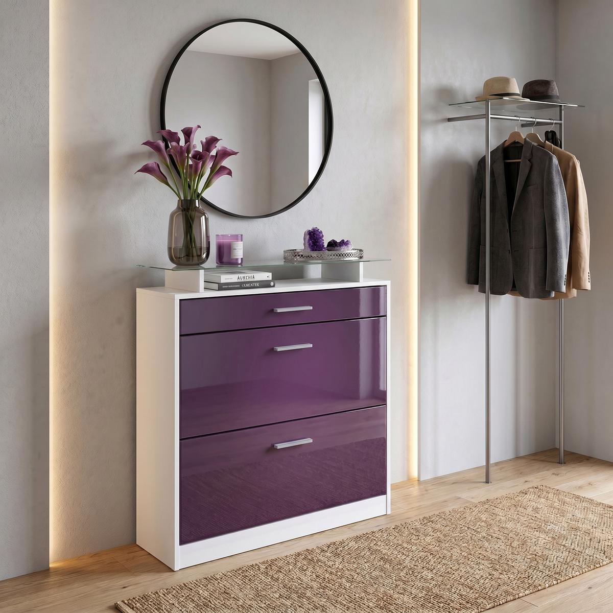 SCHUHSCHRANK Loret Front in Brombeer Hochglanz - Brombeere, Holzwerkstoff (89/104/23cm) - Vladon