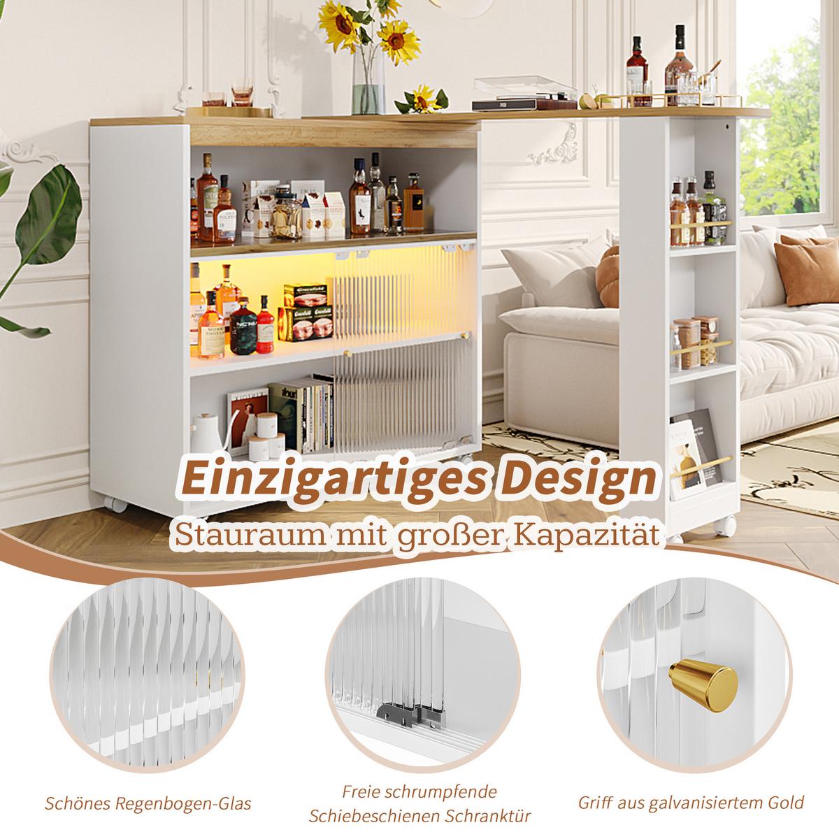 BARTISCH ausziehbar mit led & rollen - Weiß, Holzwerkstoff (39/138/105cm) - Urban Meuble