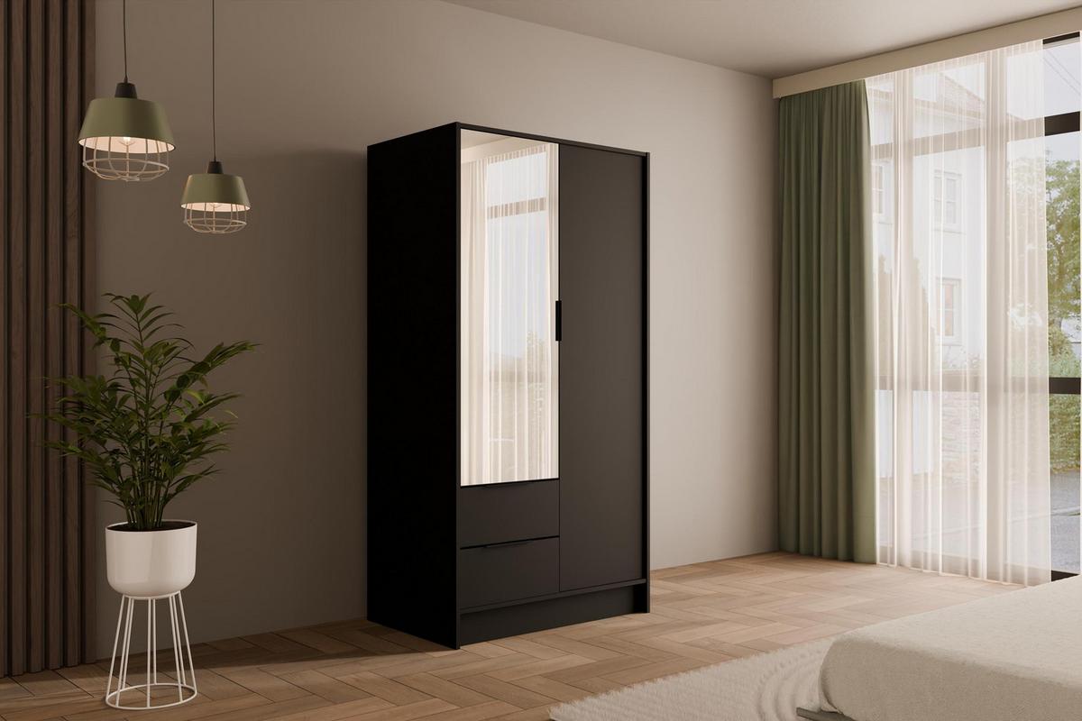 KLEIDERSCHRANK mit Spiegel und Flügeltüren KOLIN 100x200cm Schwarz - Schwarz, Holzwerkstoff (102/200/51cm) - ALTDECOR