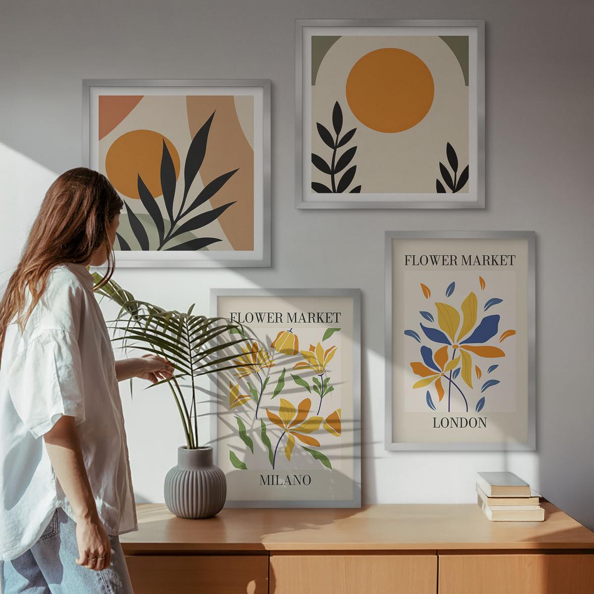 BILDER SET 4er Set - 50x50 cm & 40x60 cm Silberner Rahmen - Blumenposter Paris Mailand - Silberfarben, Kunststoff (50/50cm) - TULUP