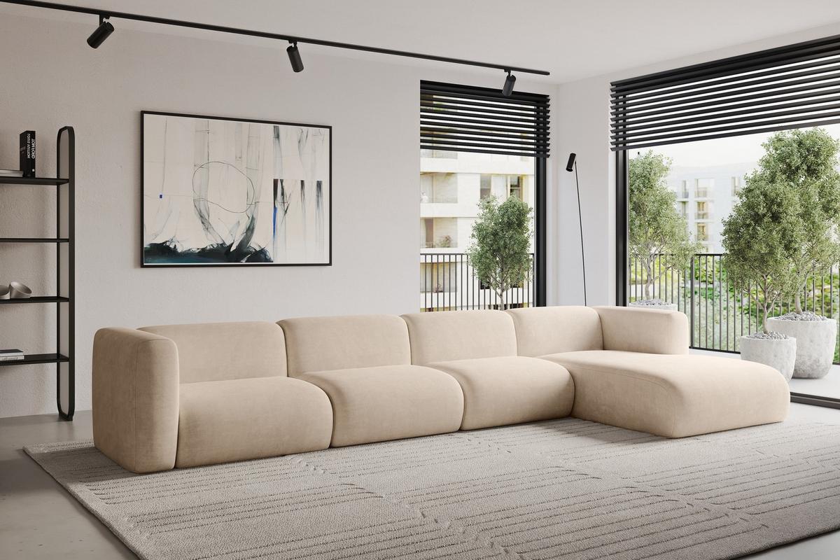 ECKSOFA Ottomane Rechts MIRA-L3 409x179x70 Beige Velours - Greige/Beige, Holzwerkstoff/Kunststoff (409/179cm) - ALTDECOR