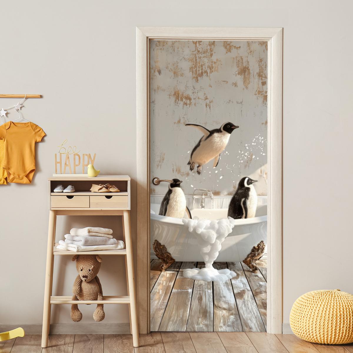 TÜRAUFKLEBER Vintage - Pinguin - Badewanne - Schaumstoff Fototapete 75x205 cm - Türtapete - Hellbraun, Kunststoff (75/0.1/205cm) - MuchoWow