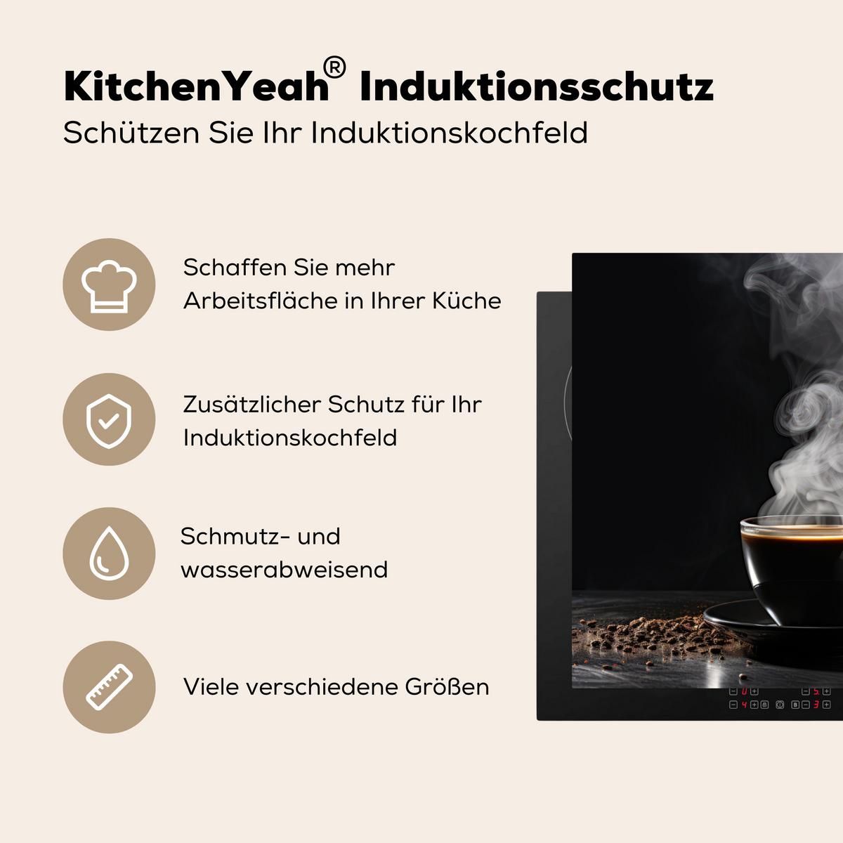 HERDABDECKPLATTE Kaffee - Schwarz - Bohnen - Heiß - Tasse Herdabdeckung Induktionsfeld 60x52 cm - Schwarz, Kunststoff (60/52/0.2cm) - MuchoWow