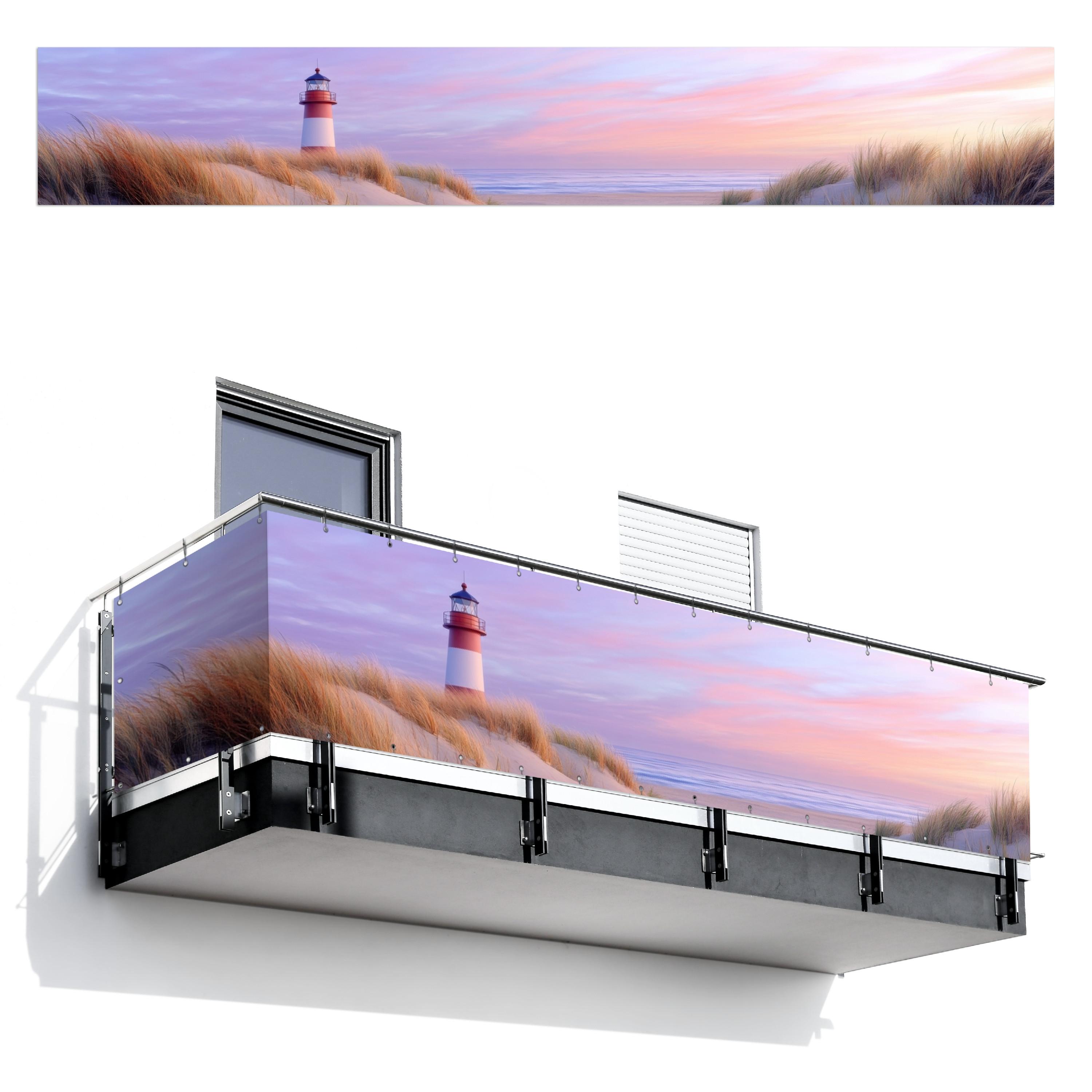 BALKON-SICHTSCHUTZ Leuchtturm - Dünen - Sonnenuntergang Groß 500x80 cm - Hellrosa, Kunststoff (500/80cm) - MuchoWow