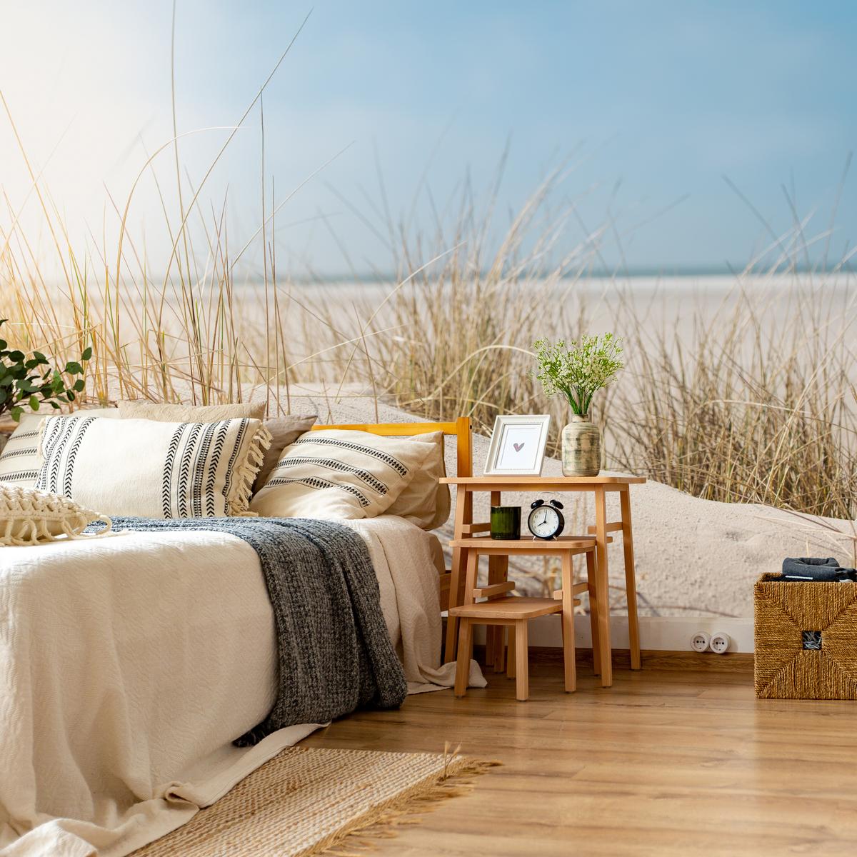 FOTOTAPETE für Schlafzimmer Dünen Sandstrand Gras Meerblick 100x70 - Blau/Gelb, Papier (100/70cm) - Muralo