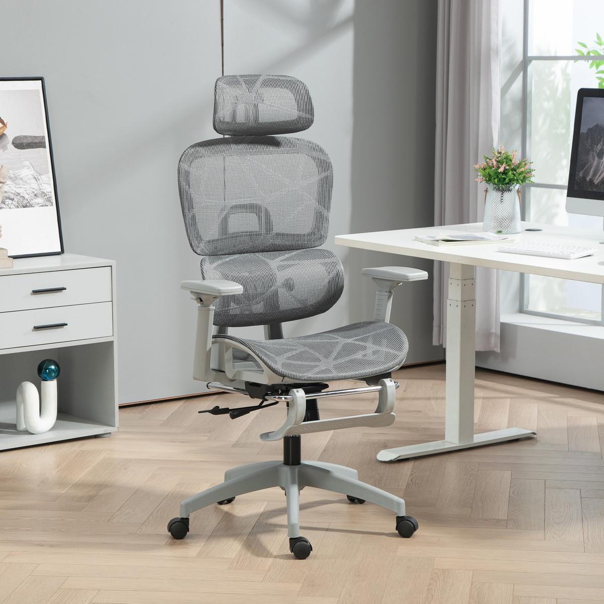 BÜROSTUHL Schreibtischstuhl mit Armlehne Kopfstütze Lendenwirbelstütze Grau - Grau, Kunststoff/Textil (64/122/66cm) - HOMCOM