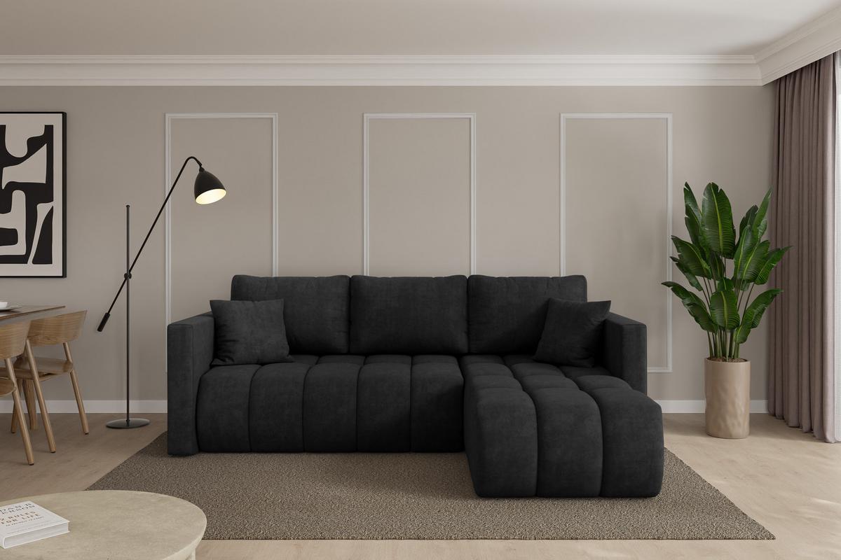 ECKSOFA mit Schlaffunktion Ottomane Rechts GARD-L 226x146x85 Schwarz Velours - Schwarz, Holzwerkstoff/Kunststoff (226/146cm) - ALTDECOR