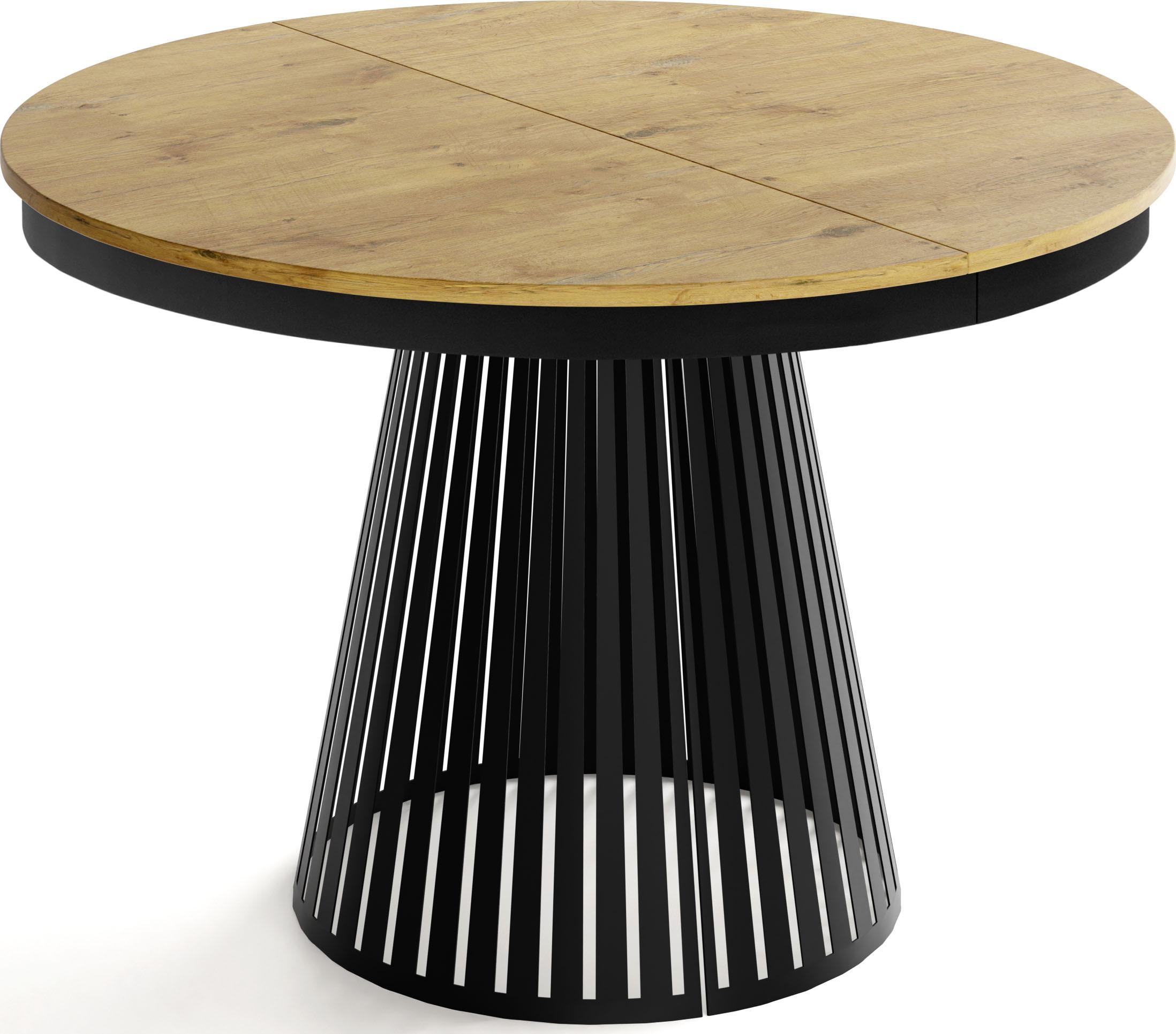 ESSTISCH Naro rund ausziehbar mit Schwarzem Lamellen-Metallgestell, Braun 120-200/120/76 cm - Eichefarben/Schwarz, Holzwerkstoff/Metall (120/196/76cm) - WFL GROUP