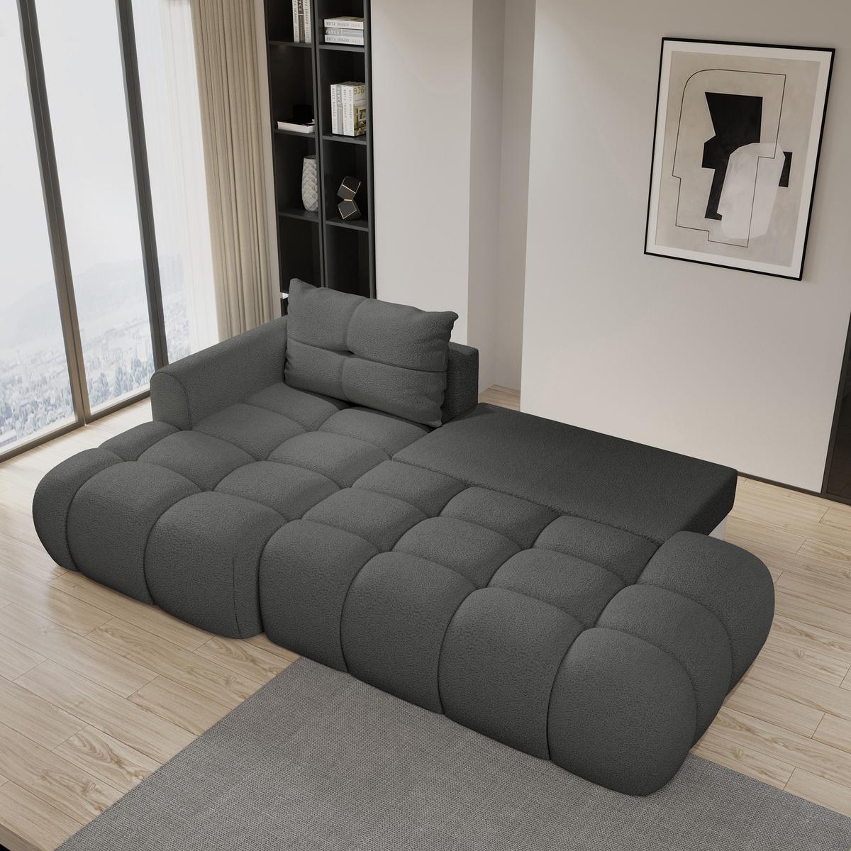 ECKSOFA FLUMA L-S Grau Boucle-Stoff mit Schlaffunktion - Grau, Holz (279/158cm) - MASSENO