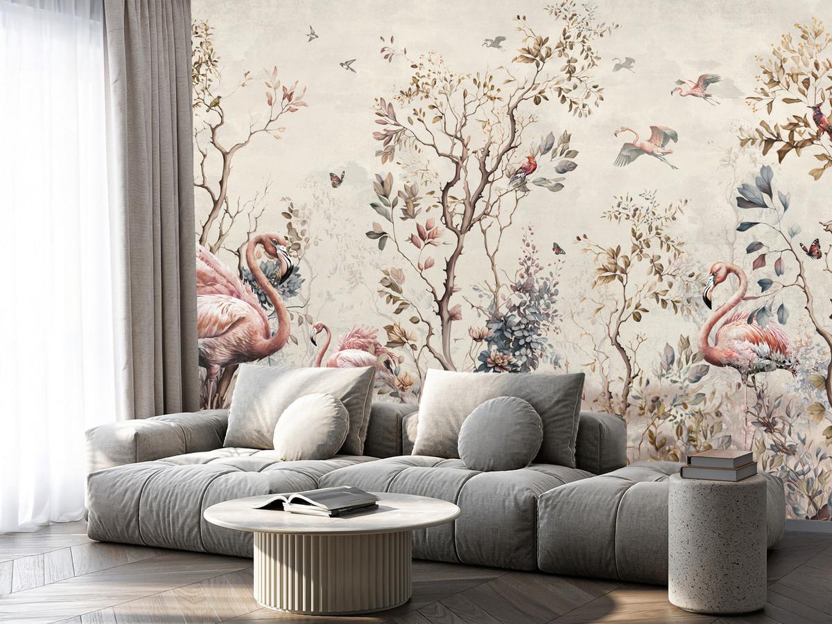 FOTOTAPETE für Wohnzimmer Wunderschöne Flamingos Natur Schmetterlinge 100x70 - Multicolor, Papier (100/70cm) - Muralo