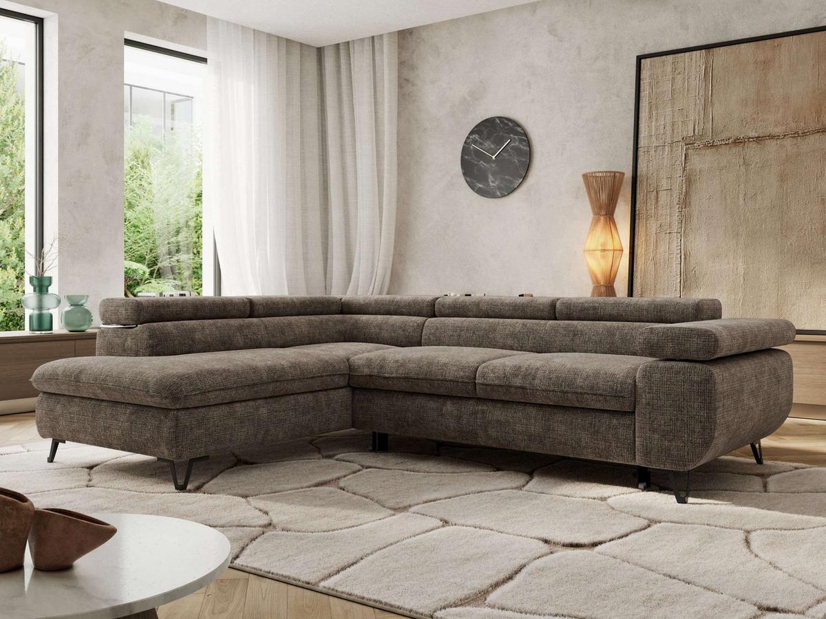 ECKSOFA PABLO L Braun Schenille grob gewebt - Links Seite mit T25 Topper - Schwarz/Braun, Textil/Metall (208/273cm) - MKS