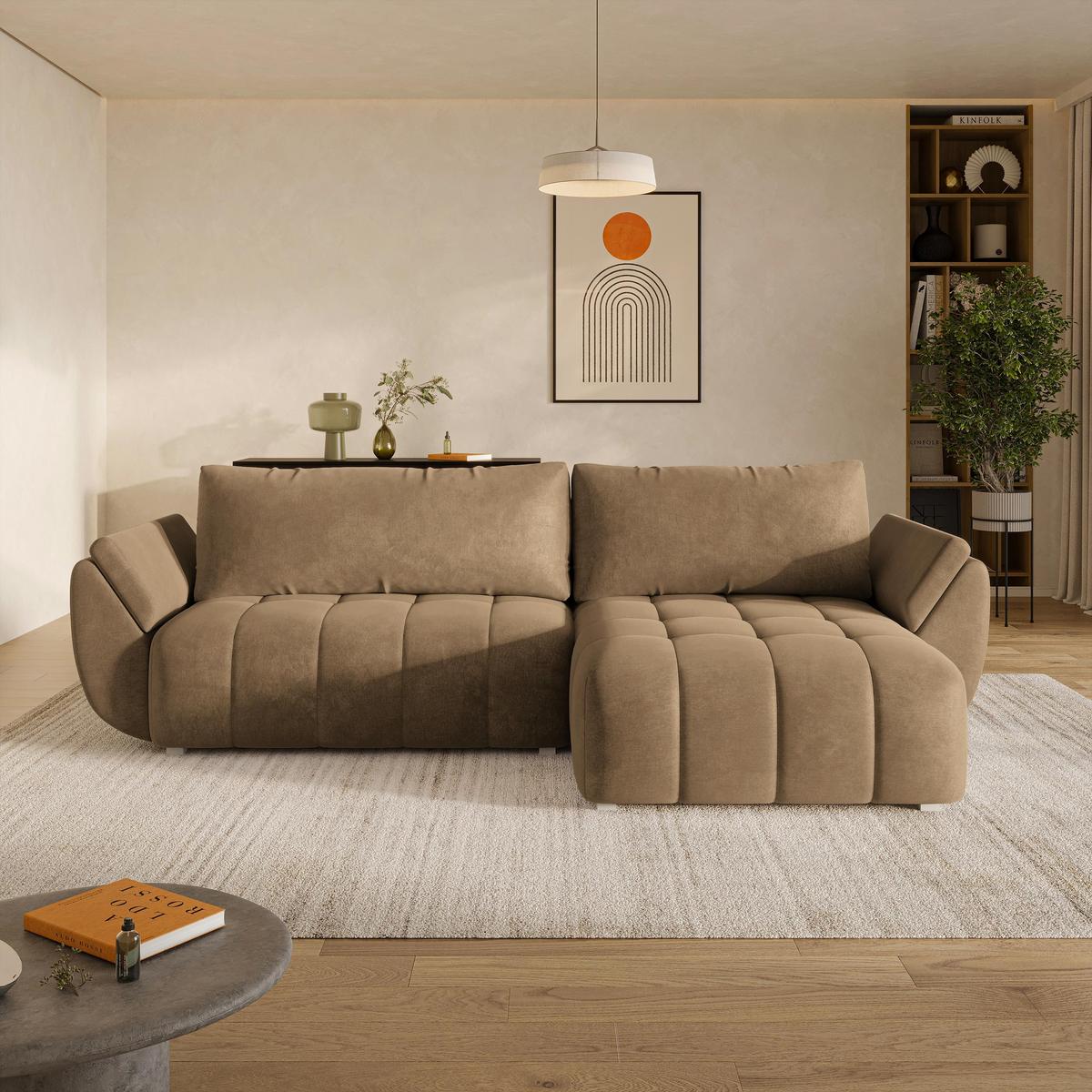 ECKSOFA OLSI Beige Velours-Stoff mit Schlaffunktion - Beige, Holz (285/148cm) - MASSENO