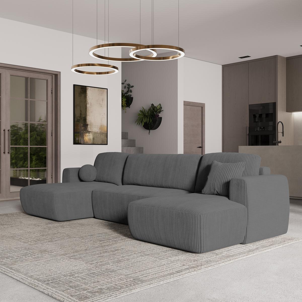 WOHNLANDSCHAFT SENTUM P Grau Kordstoff mit Schlaffunktion - Schwarz/Grau, Holz/Kunststoff (330/90/148cm) - MASSENO