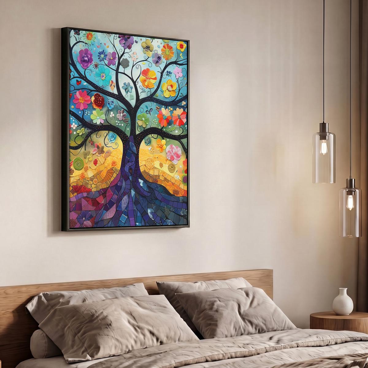 LEINWAND Bilder mit Rahmen - Kunst - Baum des Lebens - Blumen - Hippie - 70x100 - Dunkelblau, Textil (70/100cm) - MuchoWow