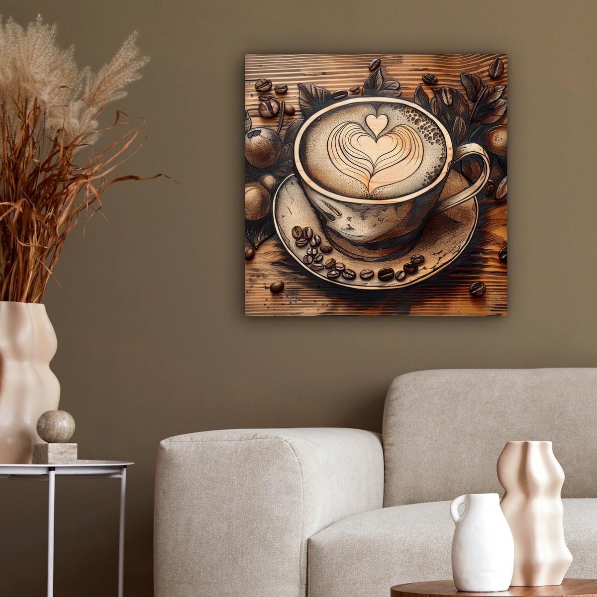 LEINWANDBILD Kaffee - Vintage - Braun - Tasse - Holz Wandbild Wohnzimmer 50x50 cm - Braun, Textil (50/50cm) - MuchoWow