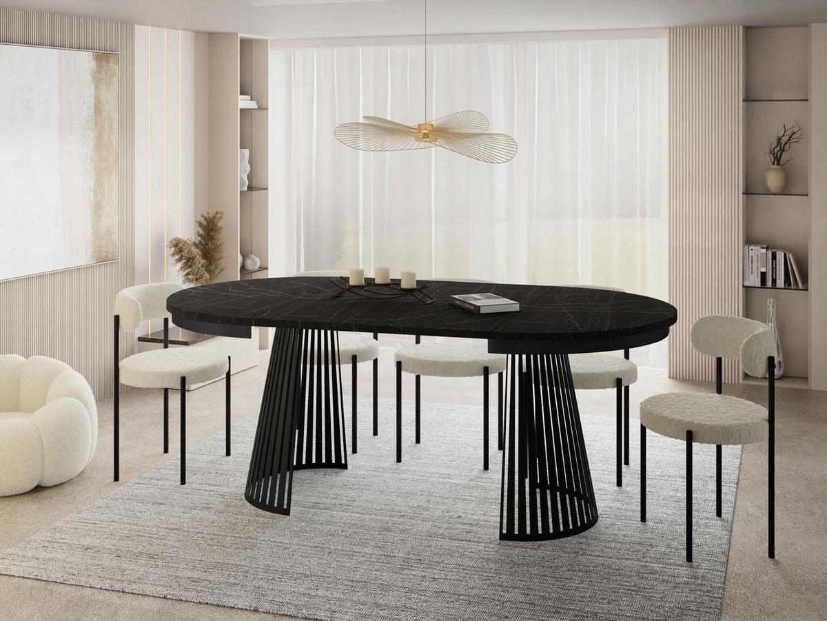 ESSTISCH Naro rund ausziehbar mit Schwarzem Lamellen-Metallgestell, Marmor Schwarz 100-180/100/76 cm - Anthrazit/Schwarz, Holzwerkstoff/Metall (100/176/76cm) - WFL GROUP