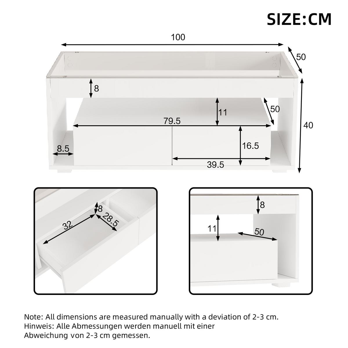 COUCHTISCH Weiß Hochglanz mit LED & 2 Schubladen - Beige, Holzwerkstoff (50/100/40cm) - Urban Meuble