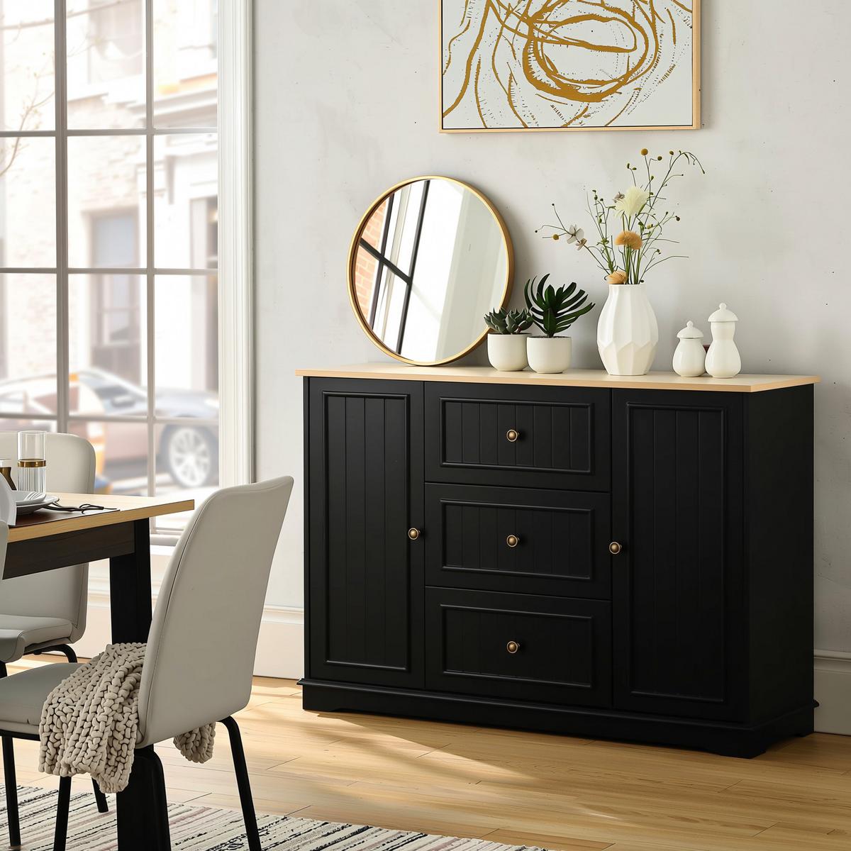 SIDEBOARD mit 3 schubladen & kühlschrank-türen - Schwarz, Holzwerkstoff (126/86/40cm) - Urban Meuble