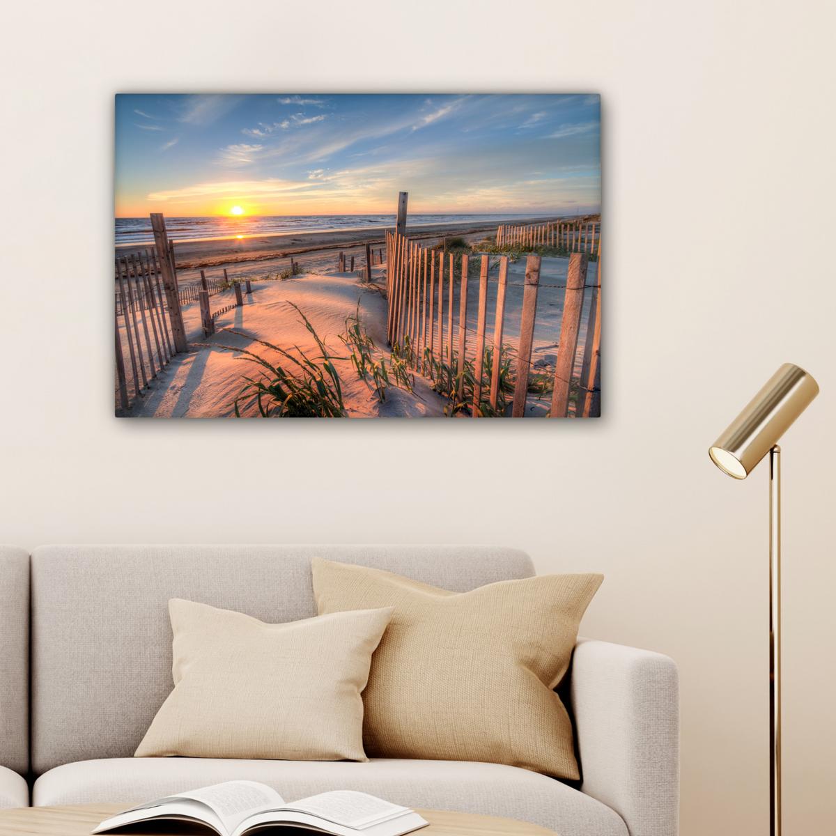 LEINWANDBILD Strand - Meer - Düne - Sonnenuntergang - Landschaft Wanddeko 90x60 cm - Beige, Textil (90/60cm) - MuchoWow