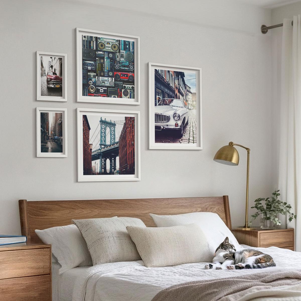 BILDER SET 5er Set - 50x50 cm & 20x30 cm & 40x60 cm Weißer Rahmen - Old Cars Brooklyn Retro-Audio - Weiß, Kunststoff (40/60cm) - TULUP
