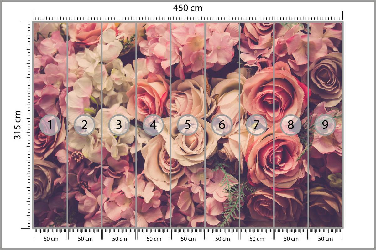 FOTOTAPETE für Schlafzimmer Pinke Rosen Boho Blumen 450x315 - Beige/Violett, Papier (450/315cm) - Muralo