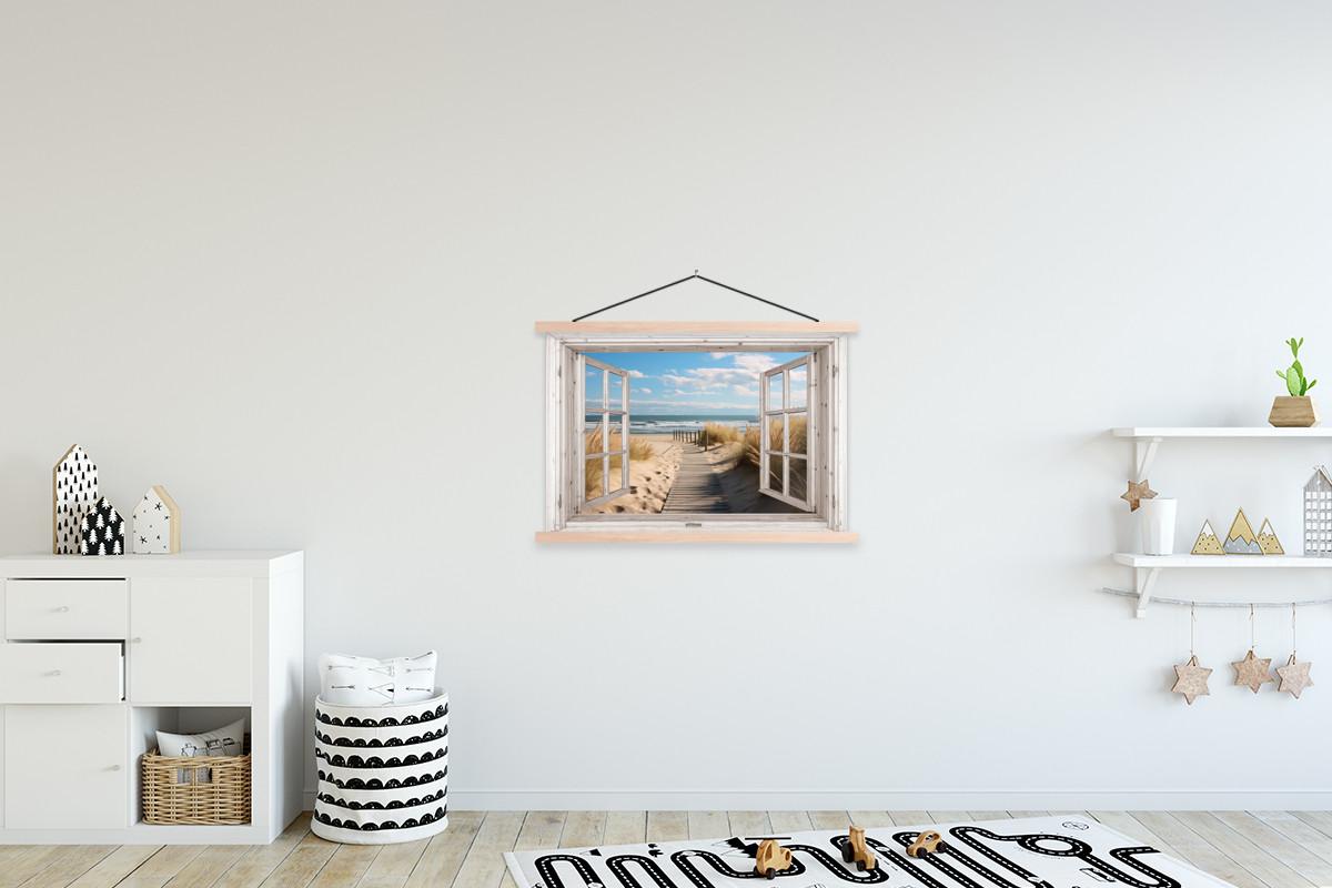 POSTER MIT MAGNETLEISTEN Fenster - Meer - Küste - Natur - Ausblick - Strand - Wattenmeer Wanddeko 90x60 cm - Beige, Textil (90/60/0.15cm) - MuchoWow