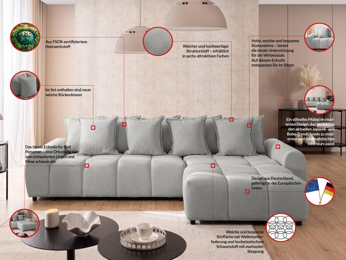 ECKSOFA Bubble mit losen Rückenkissen und Sitzfläche in Bubble-Optik aus weichem Hellgrau Strukturstoff mit schöner Sitzkomfort - Ottomane rechts - Hellgrau/Schwarz, Holz/Kunststoff (306/180cm) - S-Style Möbel