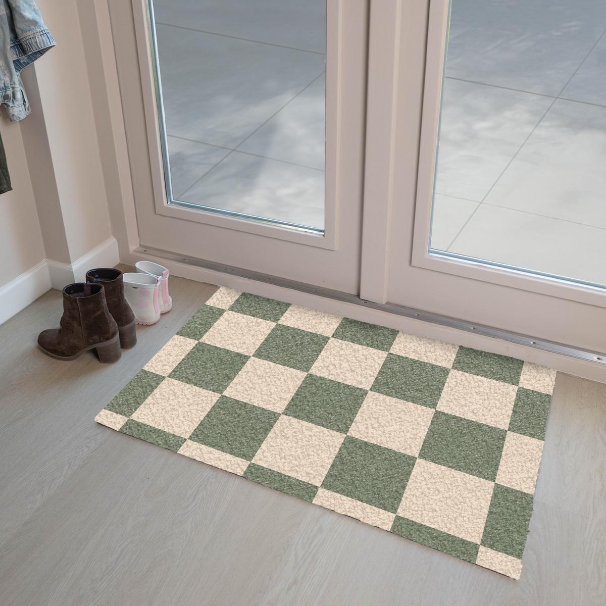 FUSSMATTE Schachbrettmuster - Grün - Beige - Blöcke Flurteppich 90x60 cm - Olivgrün, Kunststoff (90/0.4cm) - MuchoWow