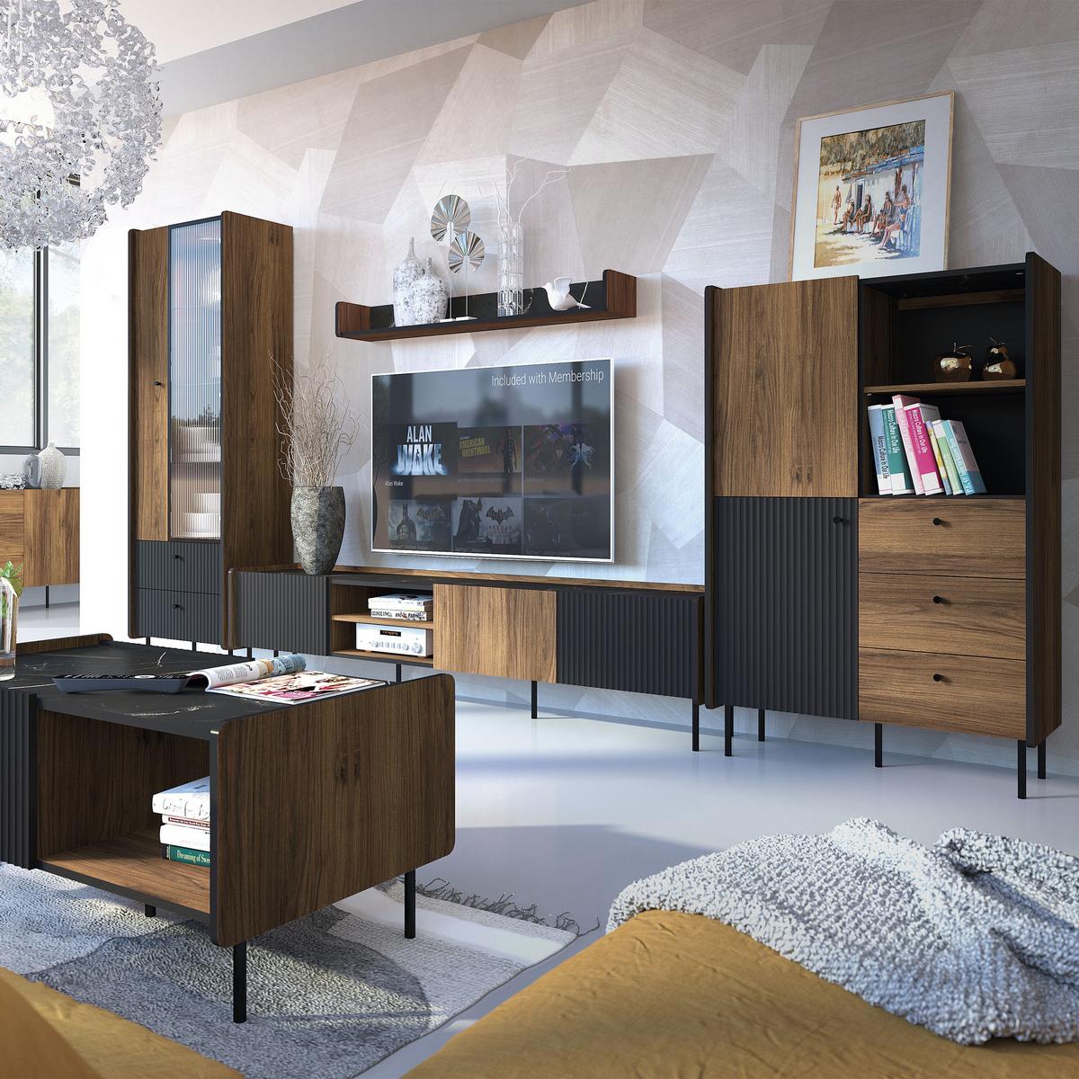 KOMMODE Piano mit 2 Türen und 3 Schubladen, Mattschwarz + Warmia-Nussbaum - Dunkelbraun/Schwarz, Holzwerkstoff (150/79/40cm) - Beautysofa