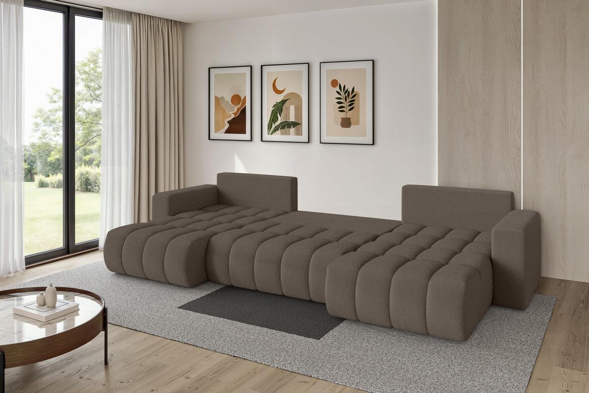 WOHNLANDSCHAFT mit Schlaffunktion und Bettkasten MILA-U-v1 378x194x86 Braun Bouclé - Schwarz/Braun, Holzwerkstoff/Kunststoff (378/86/194cm) - ALTDECOR