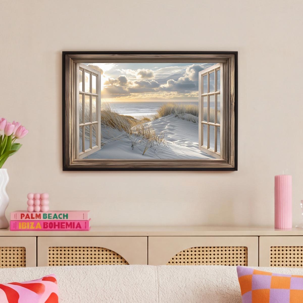 LEINWAND Bilder mit Rahmen - Ausblick - Strand - Dünen - Meer - Natur - 60x40 - Sandfarben, Textil (60/40cm) - MuchoWow