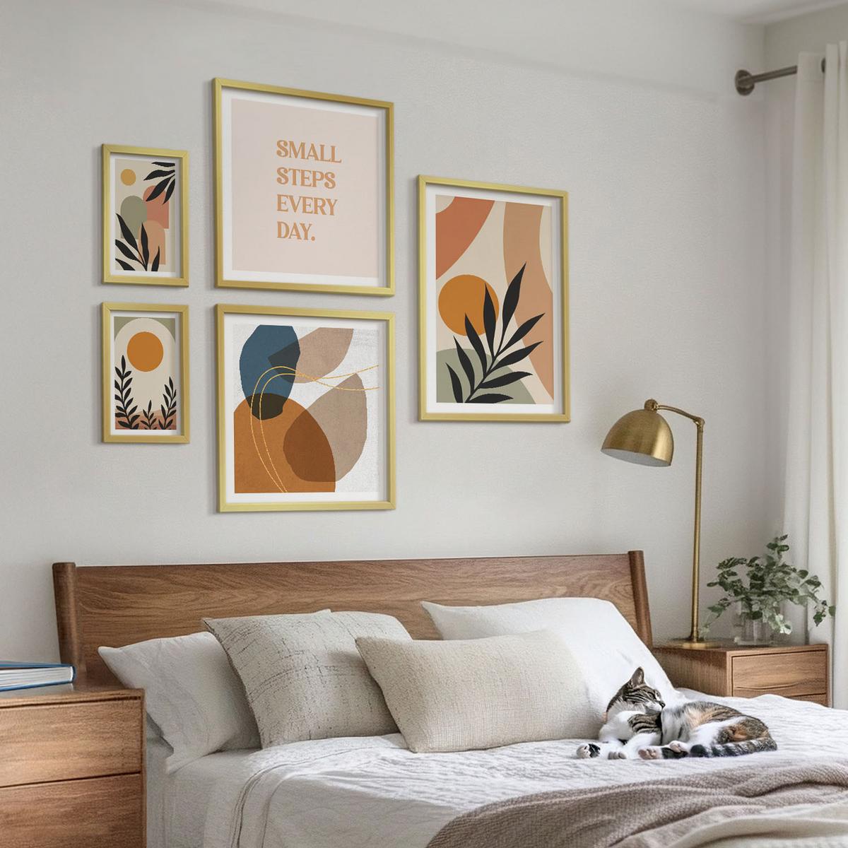 BILDER SET 5er Set - 50x50 cm & 20x30 cm & 40x60 cm Goldrahmen - Moderne Pflanzenmotive - Goldfarben, Kunststoff (40/60cm) - TULUP