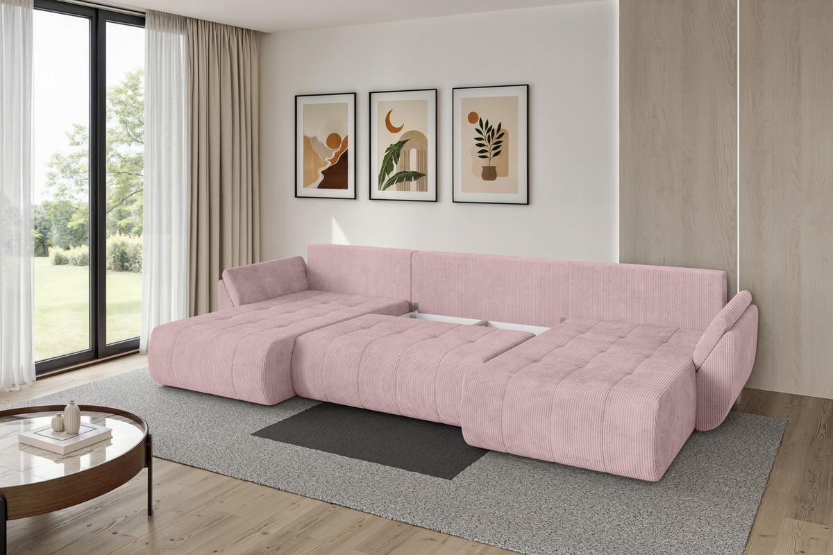 WOHNLANDSCHAFT mit Schlaffunktion und Bettkasten TOKO-U 378x194x86 Rosa Cord - Schwarz/Rosa, Holzwerkstoff/Kunststoff (378/86/194cm) - ALTDECOR