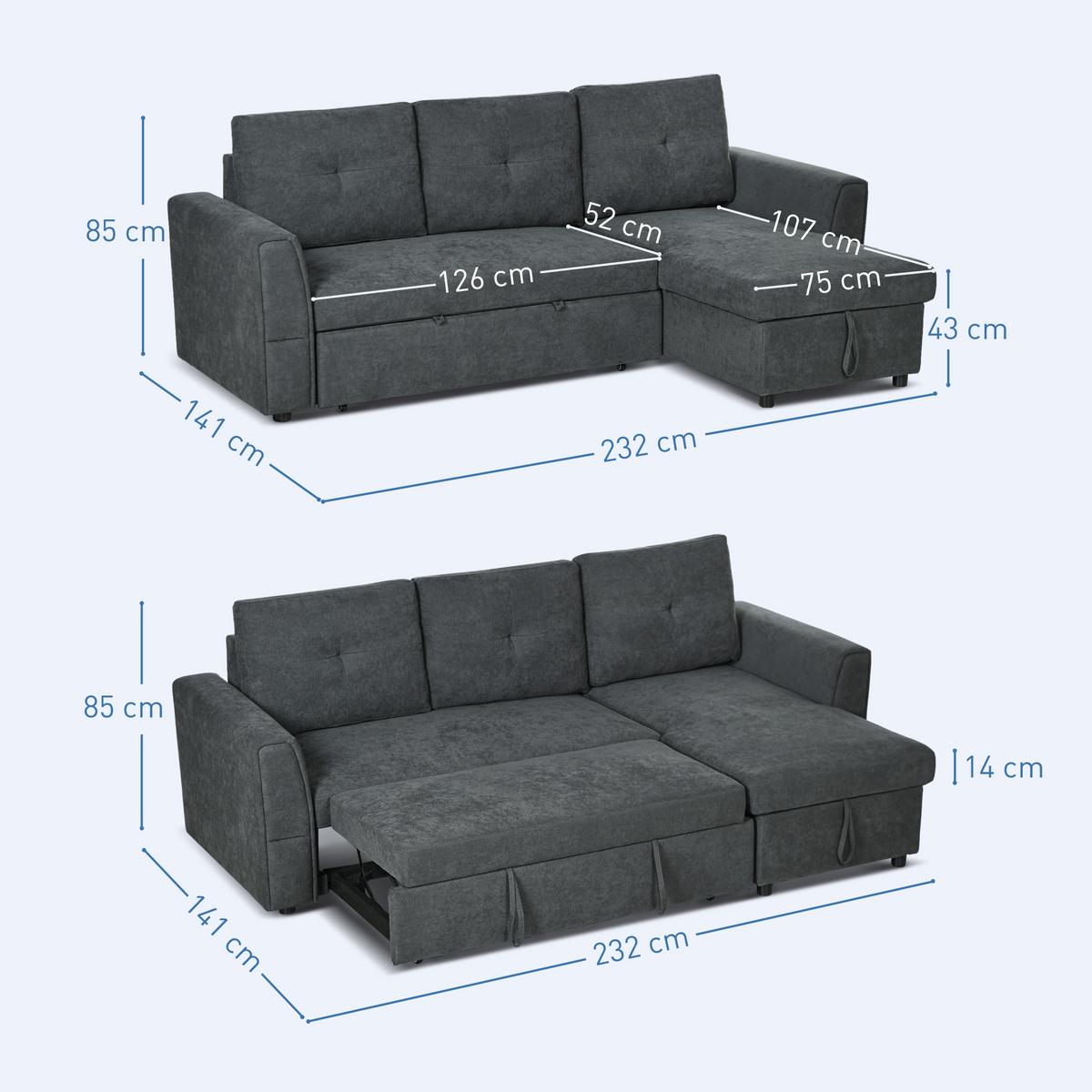 SCHLAFSOFA Ecksofa mit Bettfunktion, 3 Sitzer Couch mit Stauraum, Dunkelgrau - Dunkelgrau/Schwarz, Kunststoff/Textil (141/232cm) - HOMCOM